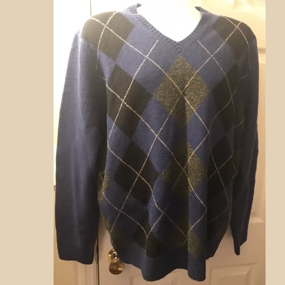 J. CREW Argyle LambsWool Sweater VNeck Blue Gray - Picture 1 of 8